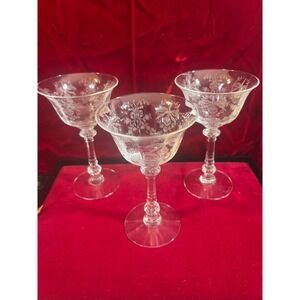 Vintage Fostoria Orchid Etched Crystal Champagne Coupe Glasses Set of 3 5.5"